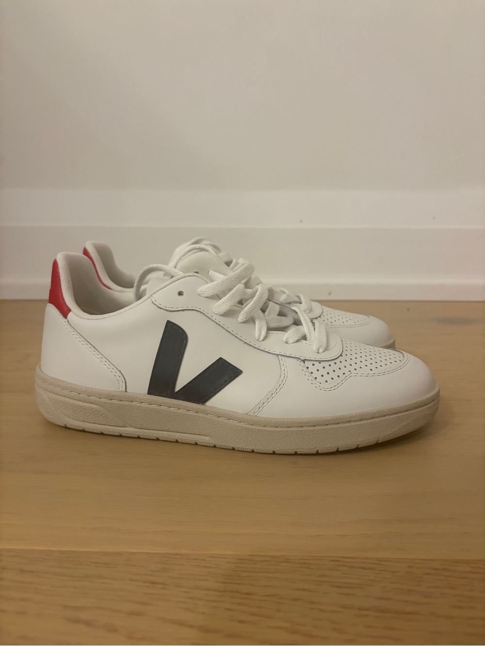 Veja White Leather Sneakers with Black V and Red Heel Accent